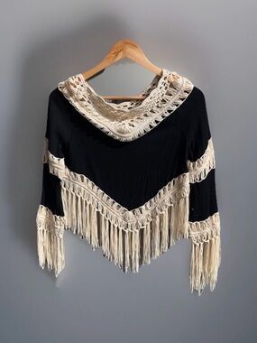 Vintage Havana Womens Black/cream Fringe Top Boho Retro Festival Shirt Macrame